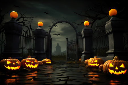 Gates of the Beyond Cemetery Entrance with Scary Halloween Pumpkins, Set in a Dark Night - Halloween Holiday. Generative AIの素材
