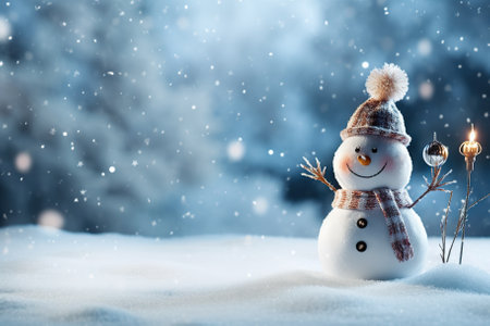 Snowy Delights Christmas Winter Background with Snowman and Blurred Bokeh - Merry Christmas and Happy New Year Greeting Card with Copy Space, Generative AIの素材