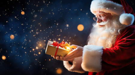 Magical Surprise Santa Claus Opening Christmas Present with Golden Stars in the Night. Generative AIの素材