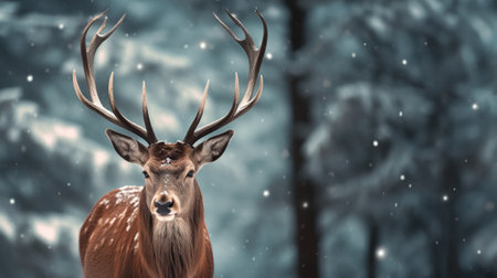 Majestic Winter Encounter Noble Deer Male in Snowy Forest - Artistic Winter Christmas Landscape. Generative AIの素材