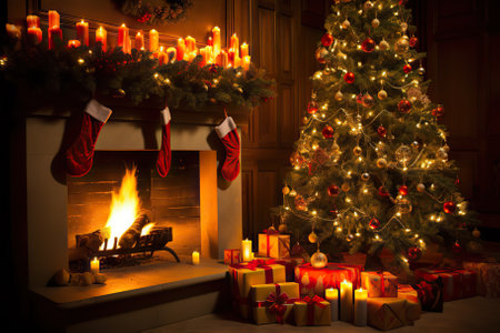 Festive Christmas Ambiance Interior with Tree, Presents, and Fireplace - Creating Holiday Warmth. Generative AIの素材