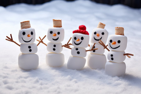 Cheerful Snowy Delights Happy Funny Marshmallow Snowmen on Snow - Spreading Winter Joy. Generative AIの素材