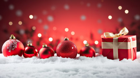 Winter Delights Panoramic Image of Gift Box and Red Christmas Balls on Snow - Festive Holiday Scene. Generative AIの素材