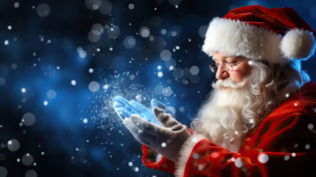 Enchanting Snowy Night Santa Claus Blows Magic Christmas Stars into the Winter Sky. Generative AIの素材