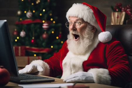 Santa Claus Busy at Work Amazed Santa Sitting at a Desk Surrounded by Christmas Decorations and Gift Lists. Generative AIの素材