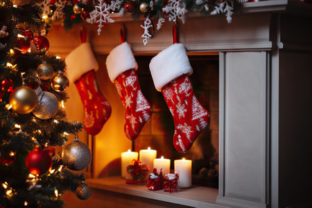 Cozy Christmas Ambiance Fireplace with Christmas Stockings in Festive Room Interior. Generative AIの素材