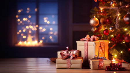 Cozy Christmas Home Room Gift Box Below Tree with Festive Lights and Fireplace. Generative AIの素材