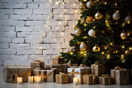 Festive Delights Christmas Tree and Heap of Gift Boxes with Copy Space on White Brick Wall with Lights. Generative AIの素材