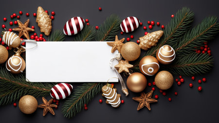 Festive Holiday Splendor - Christmas Composition with Fir Tree Branches and Holiday Ornaments, No Text. Generative AIの素材