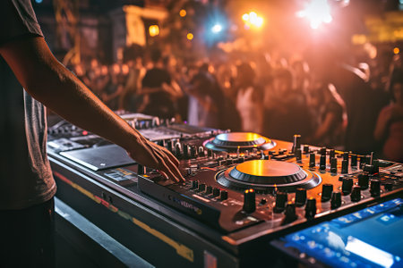Dynamic DJ Mixing at New Year's Party Nightlife Extravaganza with Energetic Crowd and Festive Vibes. Generative AIの素材