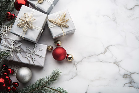 Christmas and New Year Holiday Delight Festive Gifts on White Marble Background. Generative AIの素材