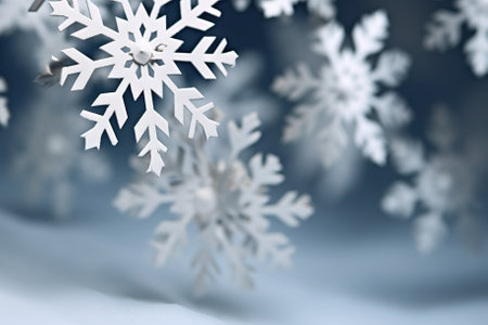 Soft Falling Snowflakes - Close-Up Illustration of Paper Craft Snowflakes Falling - Magical Christmas Winter Background. Generative AIの素材