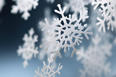 Soft Falling Snowflakes - Close-Up Illustration of Paper Craft Snowflakes Falling - Magical Christmas Winter Background. Generative AIの素材
