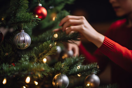 Festive Woman Decorating Christmas Tree with Joy and Care - Creating Holiday Magic. Generative AIの素材