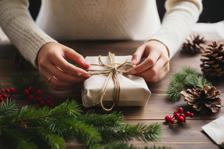 Photo for Hands Decorating Stylish Christmas Gift in Linen Fabric with Red Berries Branch on White Rustic Table with Pine Cones and Green Fir - Florist Preparing Zero Waste Christmas Gift. Generative AI - Royalty Free Image