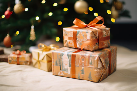 Eco-Friendly Paper Wrapped Gift Boxes Near Christmas Tree. Sustainable Holiday Celebrations and Green Gifting. Generative AIの素材