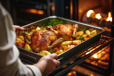 Savoring the Flavors Cook Taking a Perfectly Roasted Chicken from the Oven. Generative AIの素材