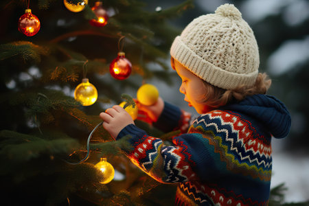Holiday Magic Close-Up of a Child Joyfully Decorating the Christmas Tree. Generative AIの素材