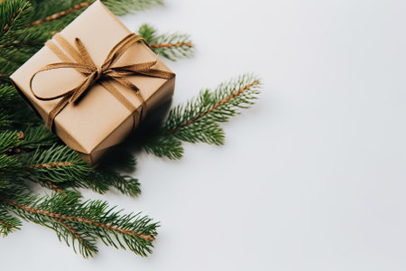 Festive Holiday Delight Bright Green Twigs of Pine Tree and Light Brown Gift Box on White Background - Christmas Concept.. Generative AIの素材