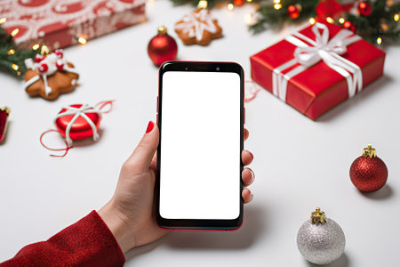 Tech-Savvy Shopping New Year and Christmas Celebrations with Smartphone on White Table adorned with Red Decorations. Generative AIの素材