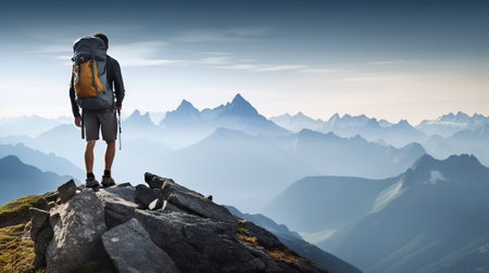 Peak Pursuit Tourist Embracing Active Life in Majestic Mountain Scenery. Generative AIの素材