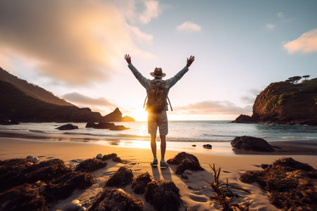 Young Man with Arms Outstretched by the Sea at Sunrise, Capturing the Essence of Travel Wellbeing. Generative AIの素材