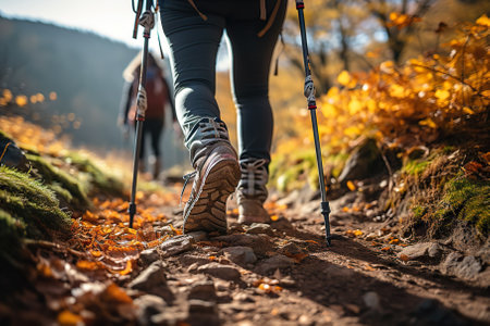 Adventure Seeker Hiker Woman Ascends Steep Mountain Trail with Trekking Sticks. Generative AIの素材