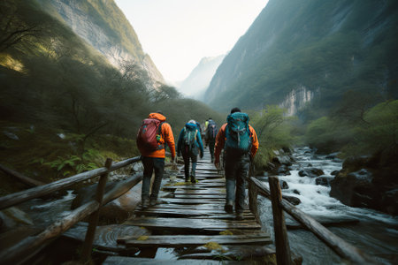 Adventurous Trekkers Cross the Suspended Bridge A Journey of Unity and Exploration. Generative AIの素材