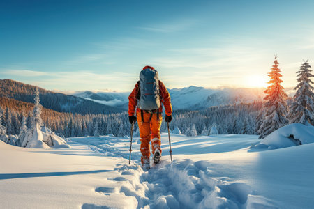 Winter Wonderland Adventure Snowshoe Walker Running in Fresh Powder Snow. Generative AIの素材