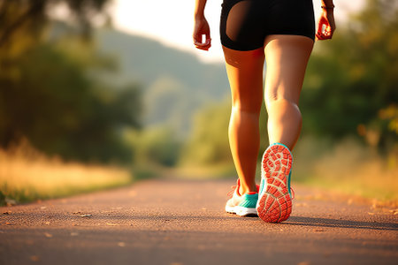 Young Fitness Woman's Legs Embrace Nature's Path.  Generative AIの素材