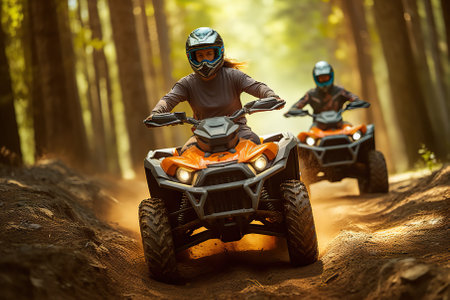Thrilling ATV Adventure Two Riders Speed Racing Through the Forest Wilderness. Generative AIの素材