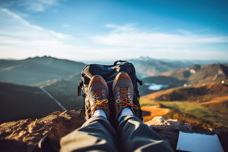 Adventurous Trekking Journey Tourist's Feet, Backpack, and Camera Capturing Stunning Panoramic Mountain Landscape. Generative AIの素材