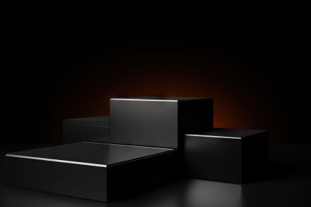 Black Cube Stand for Product Placement Mockup in a Minimalist Exhibition Scene with Spotlight. Generative AIの素材