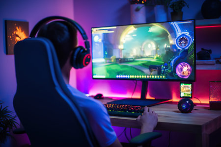 Young Gamer Engaged in Online Play and Streaming on Social Media, Showcasing the Allure of Modern Technology. Generative AIの素材