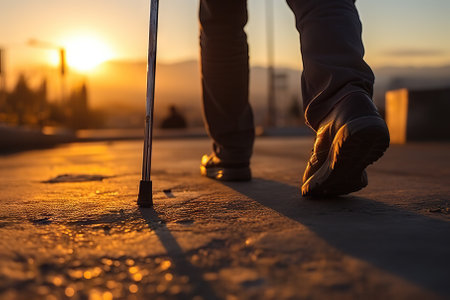 Close-Up Portrait of a Determined Individual Walking with Crutches Against a Sunset Landscape. Generative AIの素材