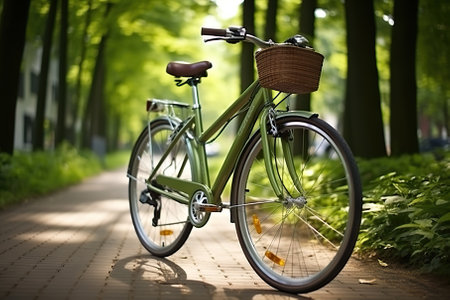 A Bicycle in a Green City Park Promotes Sustainable Mobility. Generative AIの素材