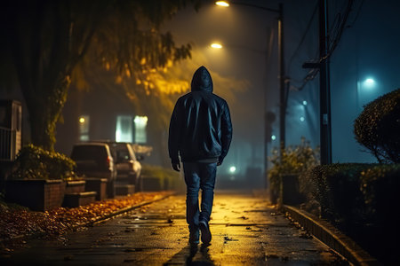 Suspicious Silhouette of a Hooded Figure Walking Under Street Light in the Dark Night. Generative AIの素材