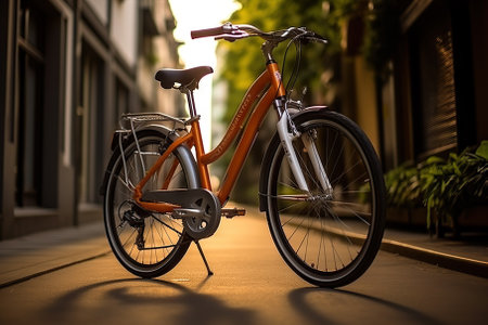 A Bicycle in a Green City Park Promotes Sustainable Mobility. Generative AIの素材