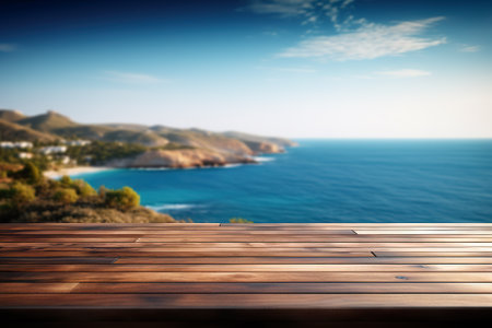 Coastal Serenity Wooden Table Top on Blurred Sea Island and Blue Sky Background. Generative AIの素材