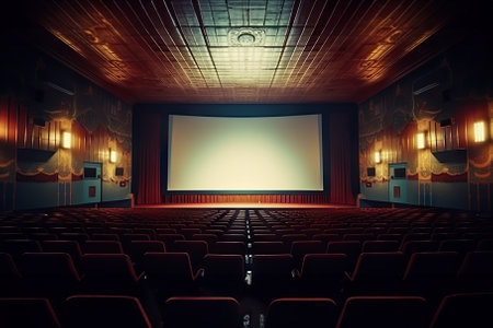 Cinema Auditorium. Blank Canvas of Entertainment with Empty Curtains and White Screen. Generative AIの素材