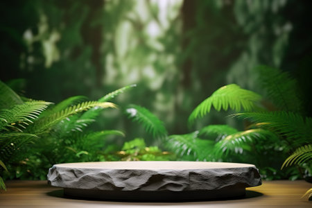 Empty Stone Round Podium in Green Tropical Garden for Product Display. Generative AIの素材
