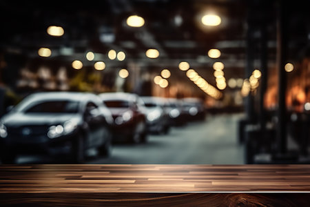Showroom Elegance Empty Wooden Table Amidst Blurred Car Showroom with Bokeh Lights. Generative AIの素材