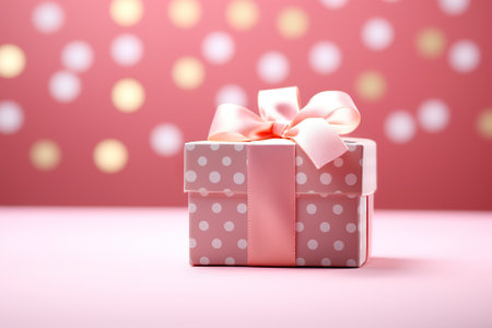 Romantic Pink Polka Dot Gift Box Bow-Adorned Present on a Pale Pink Background. Generative AIの素材