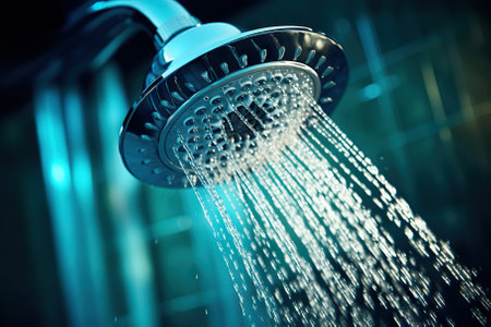 Refreshing Shower Bliss Close-Up of Water Flowing in Bathroom Interior. Generative AIの素材