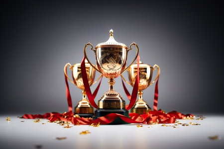 Triumphant Victory Shiny Golden and Silver Championship Trophy with Confetti Celebration on Isolated White Background. Generative AIの素材