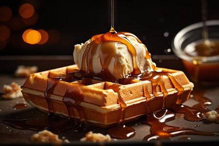 Ice Cream Scoop on Fresh Baked Waffles with Chocolate, Caramel, Maple, and Honey Syrup. Generative AIの素材