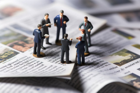 Embark on a journey of collaboration and synergy with this intriguing stock photograph. Miniature businessmen gather for a meeting, symbolizing the power of teamwork, strategic planning, and effective communication. This image captures the essence of a business concept where ideas converge, decisions are made, and innovation thrives.の素材