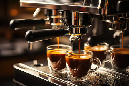 Indulge your senses in the rich aroma of freshly brewed espresso with this captivating stock photograph. Witness the magic as aromatic espresso streams gracefully from a coffee machine, infusing the air with its enticing fragrance. This image encapsulates the essence of a delightful coffee experience in a cozy and inviting coffee house setting.の素材