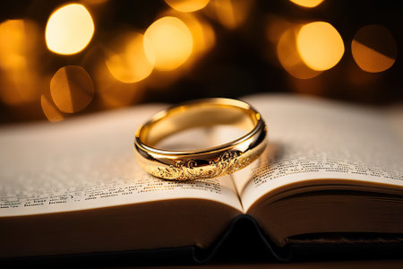 Capturing the essence of love and commitment, two wedding rings grace the pages of a Bible against a backdrop of golden bokeh. A symbol of forever promises.の素材