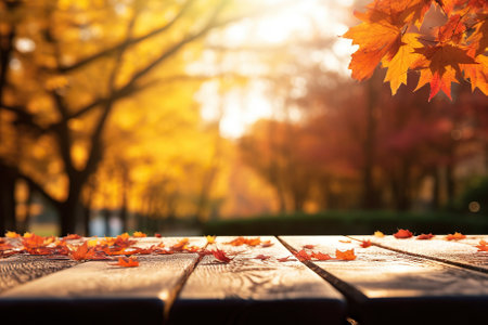 Immerse yourself in the enchanting hues of fall with this stunning natural backgroundâfallen dry orange leaves gracefully resting on wooden boards, set against the backdrop of a hazy autumn park.の素材